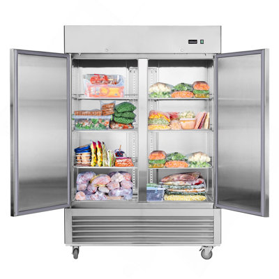 54"W Commercial Freezer 2 Section 2 Solid Door Stainless Steel Interior And Exterior Construction Reach-In Freezer 42.2 Cu.Ft. Upright Fan Cooling Freezer For Restaurants And Commercial Environments