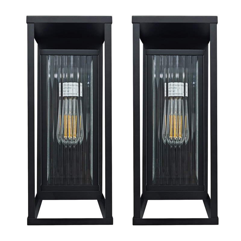 Outdoor Wall Sconce Rectangular Metal Frame And Ribbed Tempered Glass Shade Waterproof