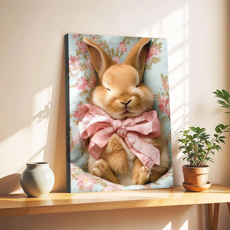 Lapin roux endormi avec nœud en soie rose sur tissu fleuri - Grande toile tendue sur châssis pour salon ou chambre