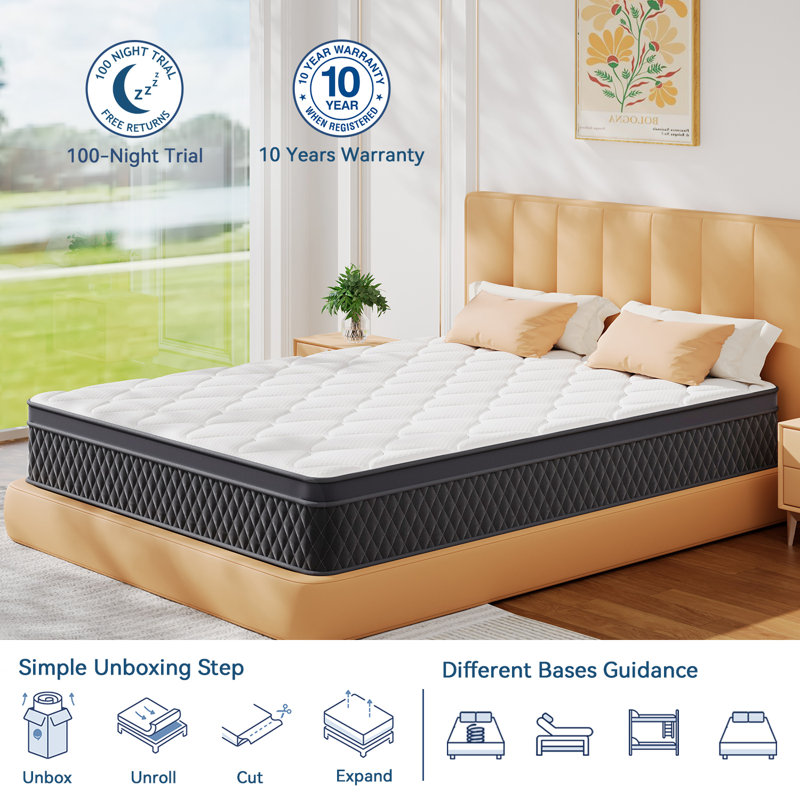 Hybrid Mattress in a Box,Individual Pocket coil, Medium Firm, Memory Foam Mattress, 12", Queen