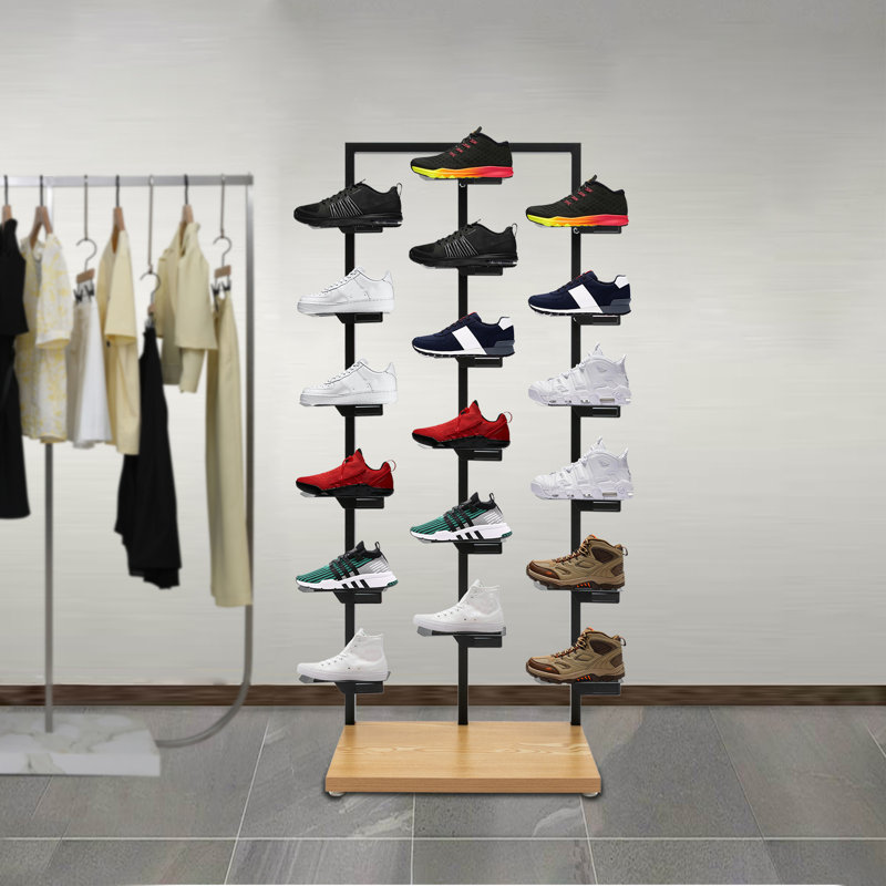 Free Standing Shoe Display Shelf, Black/Light Yellow Wood