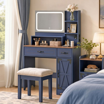 36" Wide Farmhouse Makeup Vanity With Charging Station and Adjustable LED Mirror, Vanity Desk with 2 Drawers, 2 Shelves and Storage cabient for bedroom
