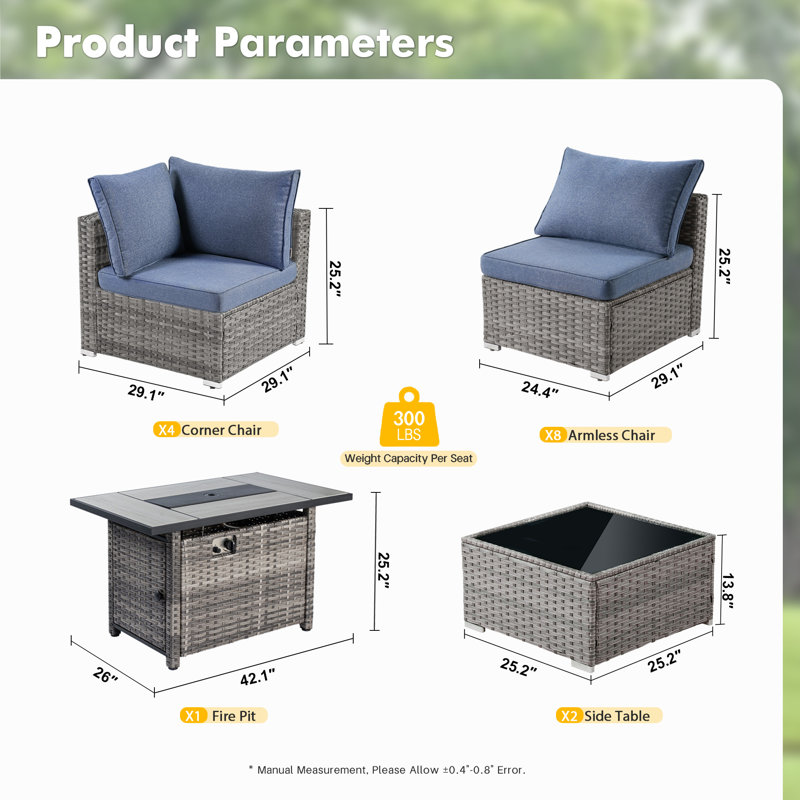 12-Person Outdoor Sectional With Cushions And Fire Pit,All-Weather Wicker Patio Set, Denim Blue