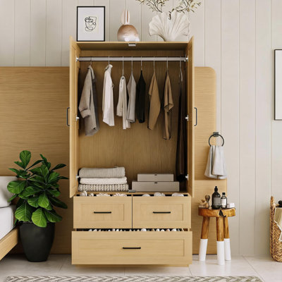 Modern Wooden Wardrobe Closet for Bedroom - 70" Freestanding Armoire Cabinet with Hanging Rod - 3 Deep Storage Drawers - Tall Clothes Organizer - Natural Wood