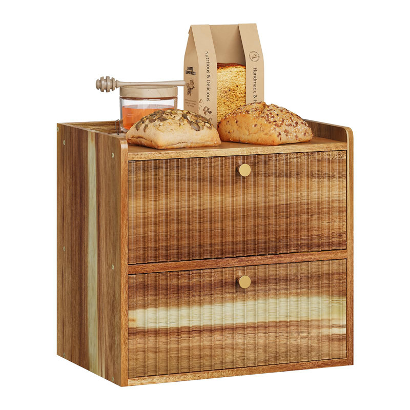 Boîte à pain avec accents de bambou, bac de rangement pour pain, 2 couches (bois d'acacia)