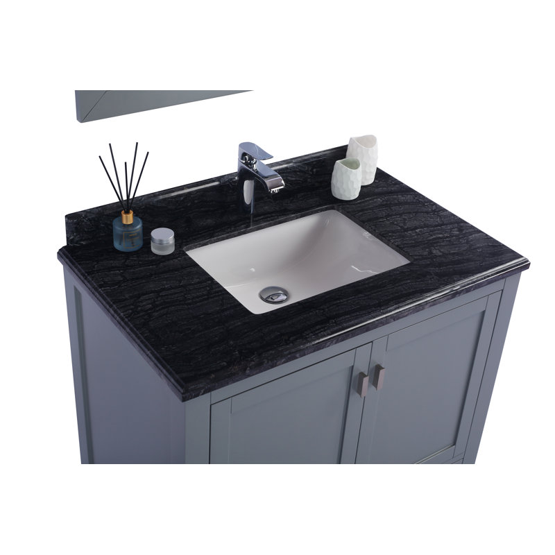 Mariário 36'' Single Bathroom Vanity with Stone Top, Gray, Black Wood