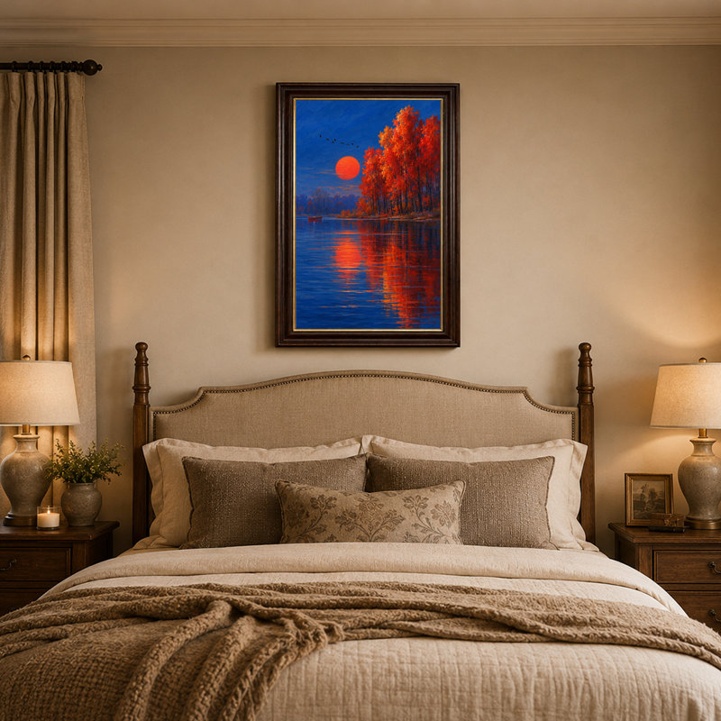 Orange Autumn Trees Reflecting in Blue Water Under Large Canvas Wall Art, 18"H x 12"W