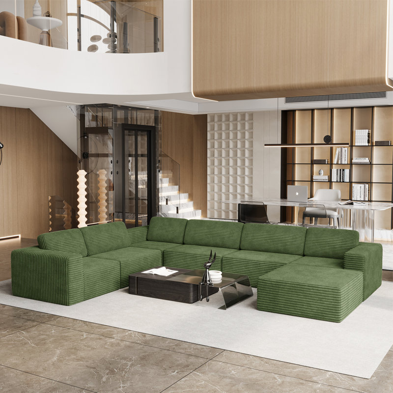 Modular Oversized 404Cm 6-Seater Left-Facing L-Shaped Corduroy Sofa, No Assembly Required   , Green