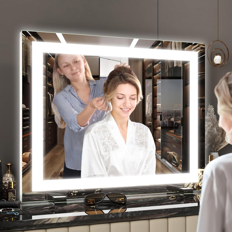 Miroir de salle de bain lumineux avec capteur tactile et éclairage à intensité variable, grand miroir de maquillage avec lumières latérales pour un éclairage uniforme, fixation murale ou de table