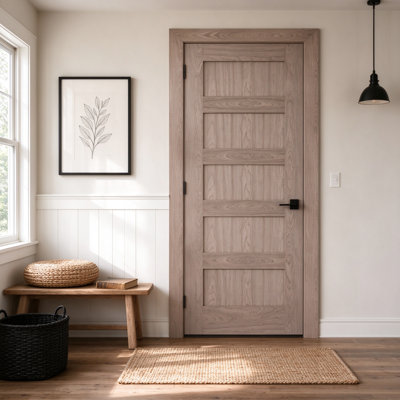 5-Panel Engineered Veneer Walnut Solid Core Wood Shaker Prehung Interior Door with Jambs and Hinges