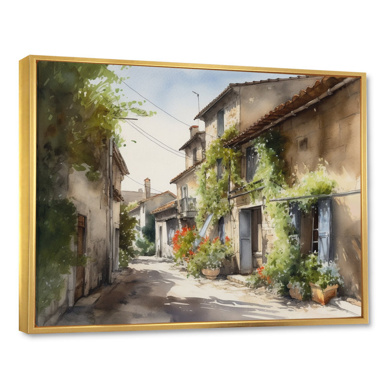 Riba, village méditerranéen, rue Ix sur toile, H 34 po x l 44 po x P 1,5 po, Cadre flottant doré