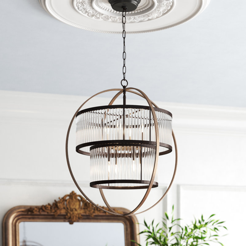 8 - Light Dimmable Globe Chandelier, Coffee Black, Antique Silver/Coffee Black