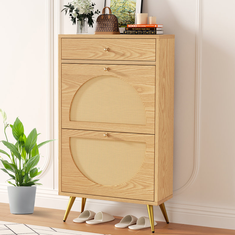 Rattan Shoe Storage Cabinet with Drawer, Natural