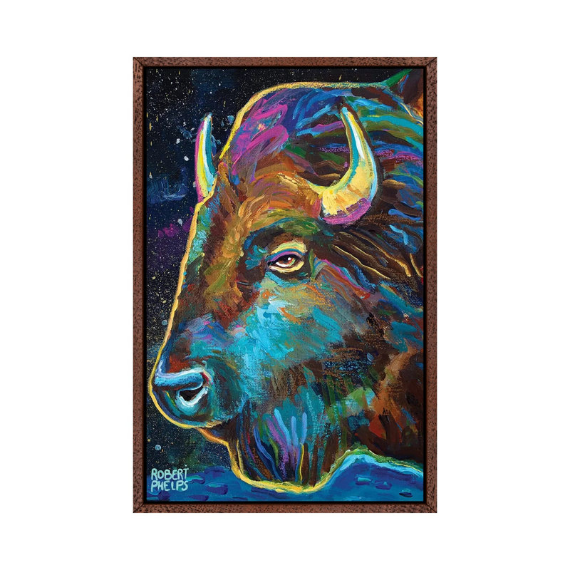 Galactic Buffalo by Robert Phelps - Painting on Canvas, 66.04cm H x 45.72cm W x 3.81cm D, Classic Brown Wood Framed