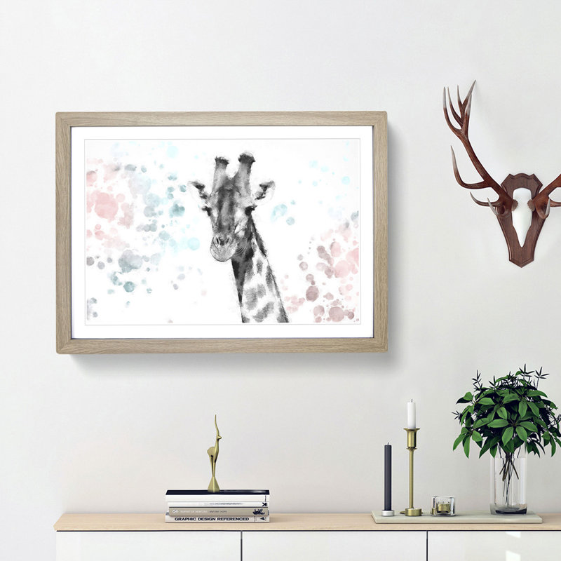 Giraffe with Paint Splashes - Picture Frame Graphic Art Print, 62cm H x 87cm W x 2cm D, Oak Framed