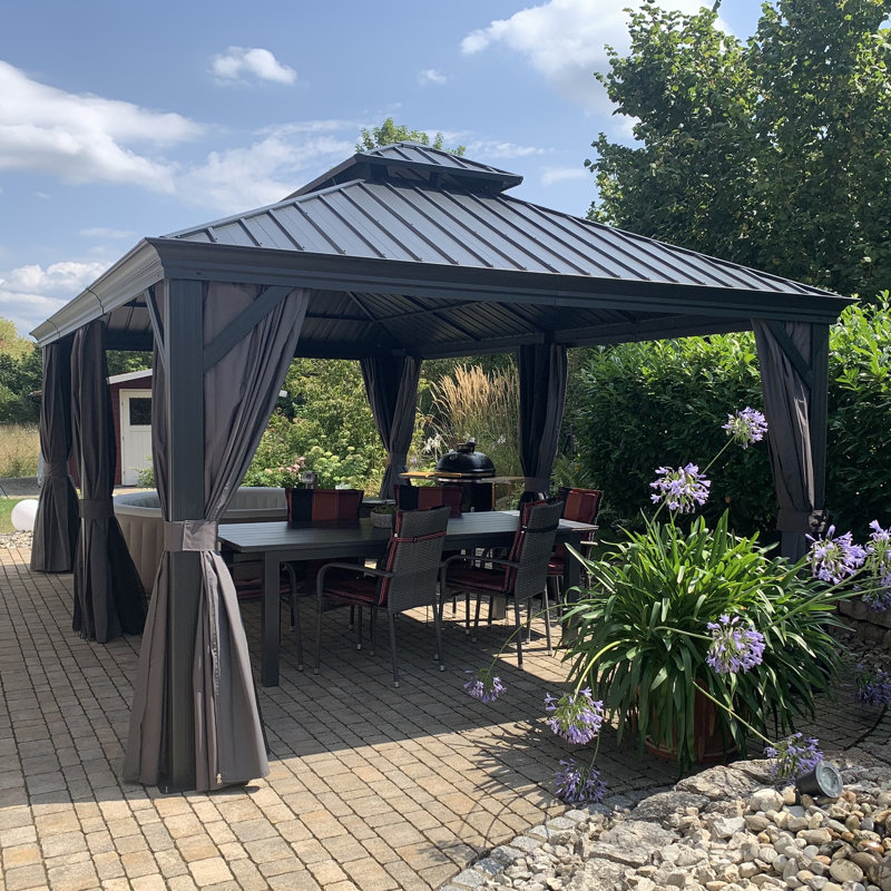 PURPLE LEAF 12' X 20' Permanent Hardtop Gazebo Aluminum Gazebo with Galvanized Steel Double Roof for Patio Lawn and Garden, Curtains and Netting Included, Grey