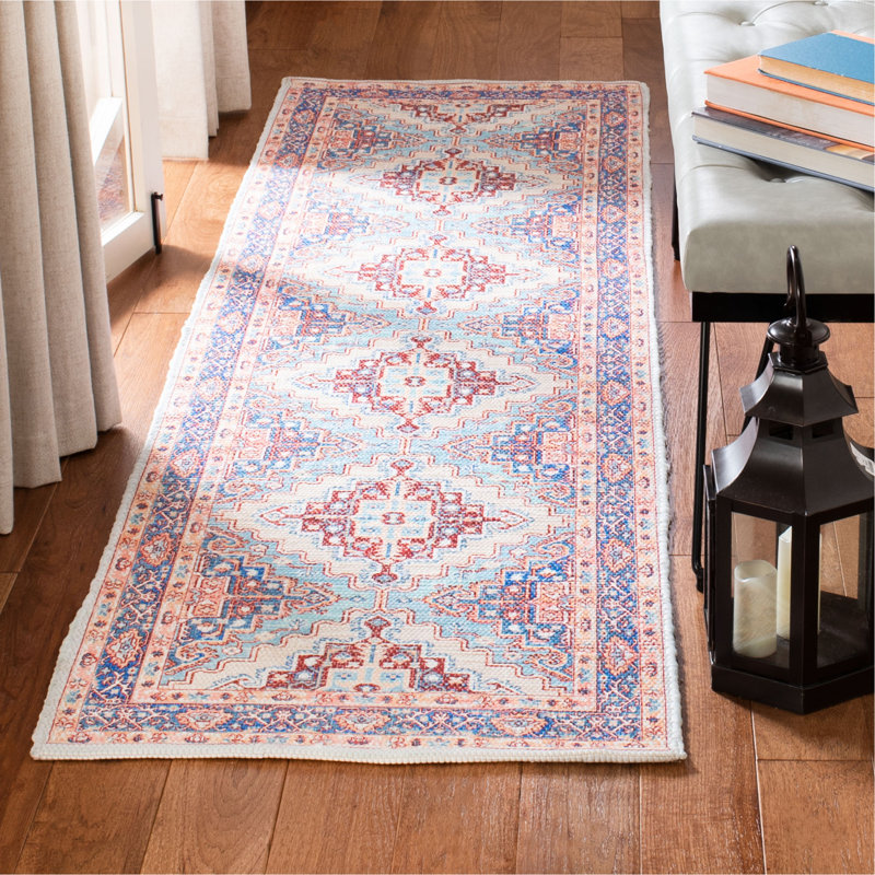 Tapis bleu / rouille en coton tissé à la main Joppatowne, Tapis de couloir 2 pi 3 po x 8 pi