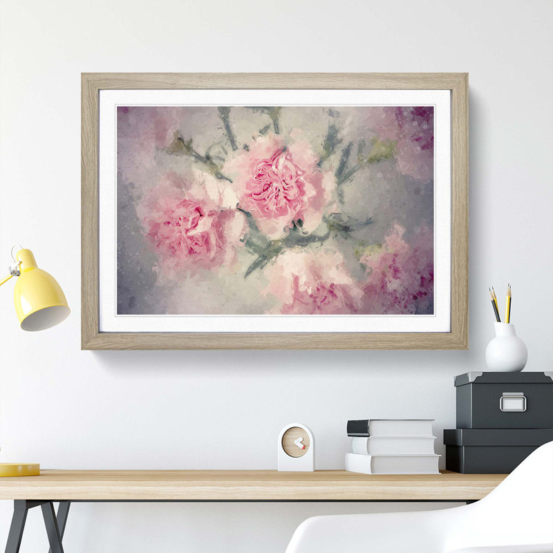 Pale Pink Carnation Flowers in Abstract - Picture Frame Painting Print, 27cm H x 36cm W x 2cm D, Oak Framed