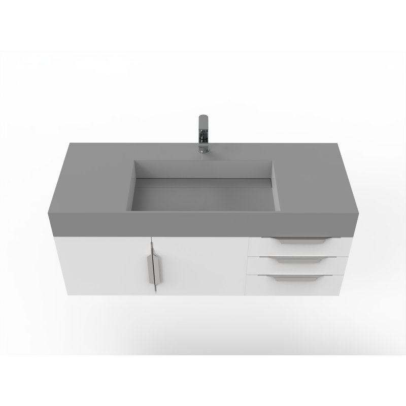 Meuble-lavabo mural simple 48 po avec comptoir à surface solide 48 po, gris, Blanc, Chrome