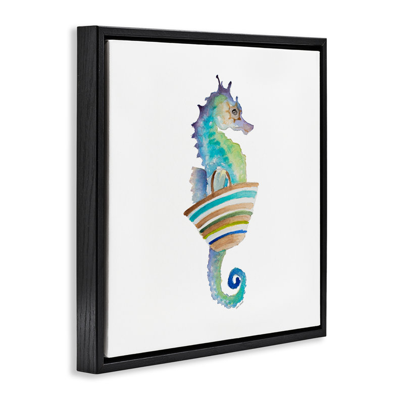 Summer Ready Seahorse Grey Framed Floater Canvas Wall Art by Lanie Loreth, Jet Black Floater Frame, 18" H x 18" W