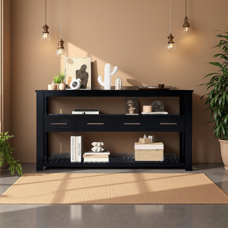 62.2''Large Entryway Table With 4 Drawers,Painted Console Table With 3-Tier Open Shelves And Metal Handles, Black