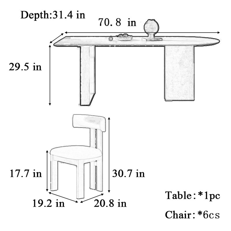 Ensemble de salle à manger rectangulaire semi-ovale, H 29,5 po x L 70,8 po x l 31,4 po