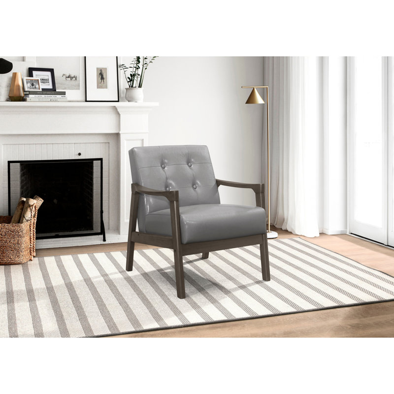 Chaise d'appoint à boutons gris avec structure en bois massif pour le revêtement du salon, capitonnage, bois d'hévéa