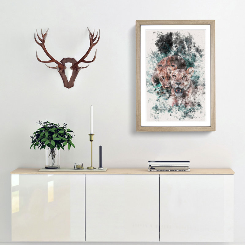 Lioness Duo - Picture Frame Painting Print, 45cm H x 33cm W x 2cm D, Oak Framed