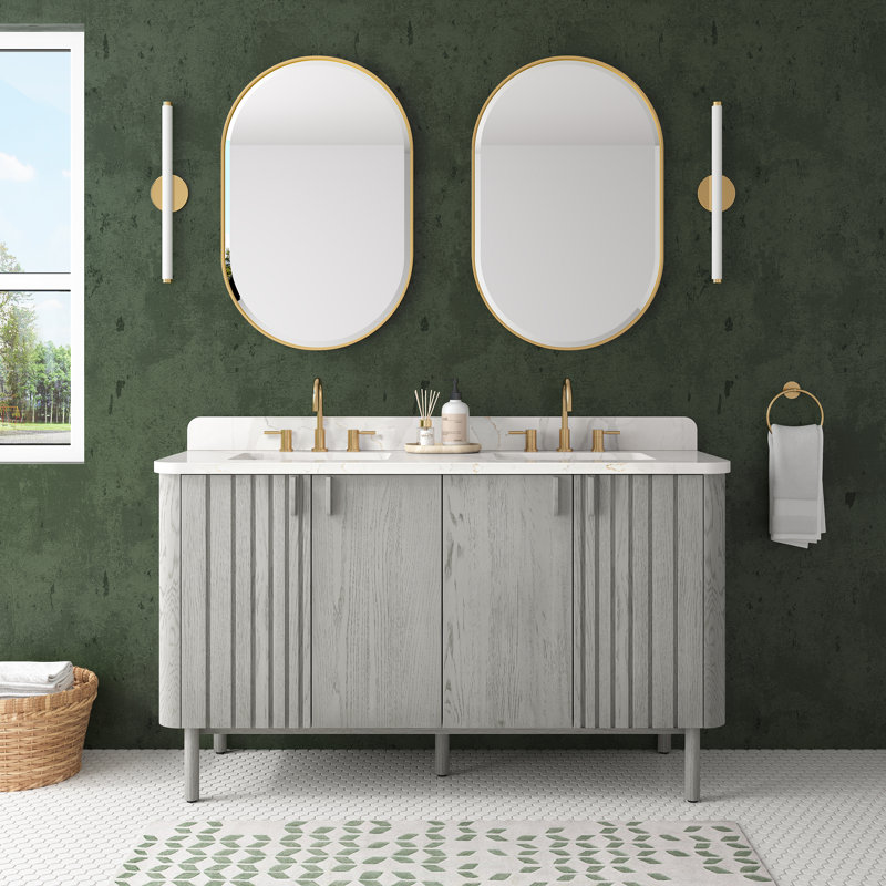 Blakely Free Standing Double Bathroom Vanity with Quartz Top, 61", Gray, Gold