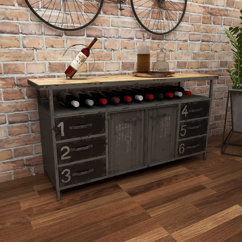 Gray Metal and Wood Industrial Sideboard with Numbered Drawers