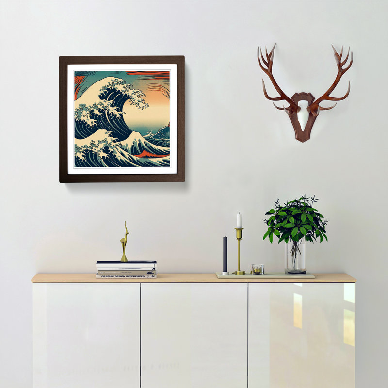 Japanese Wave Deco No.1 - Single Picture Frame Print on Wood, Walnut