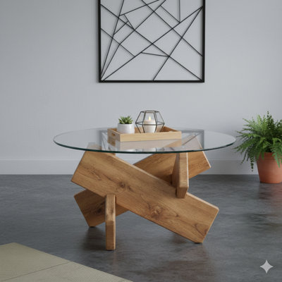 Table de cocktail circulaire en verre, table à thé au design moderne et distinctif de 33,4 pouces. Comptoir en verre trempé, pieds de table en panneau de fibres à densité moyenne de couleur bois. Convient aux salons et aux maisons de campagne