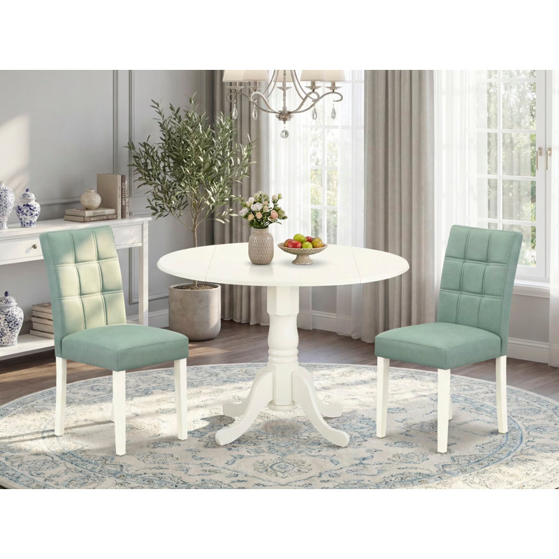 3 Piece Modern Dining Set contain A Wood Dining Table and 2 Willow Green Polyester Fabric Mid Century Chairs, Linen White