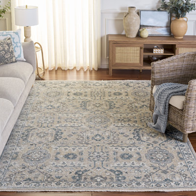 Tapis bleu / beige en viscose / laine / coton noué à la main Haj Jalili