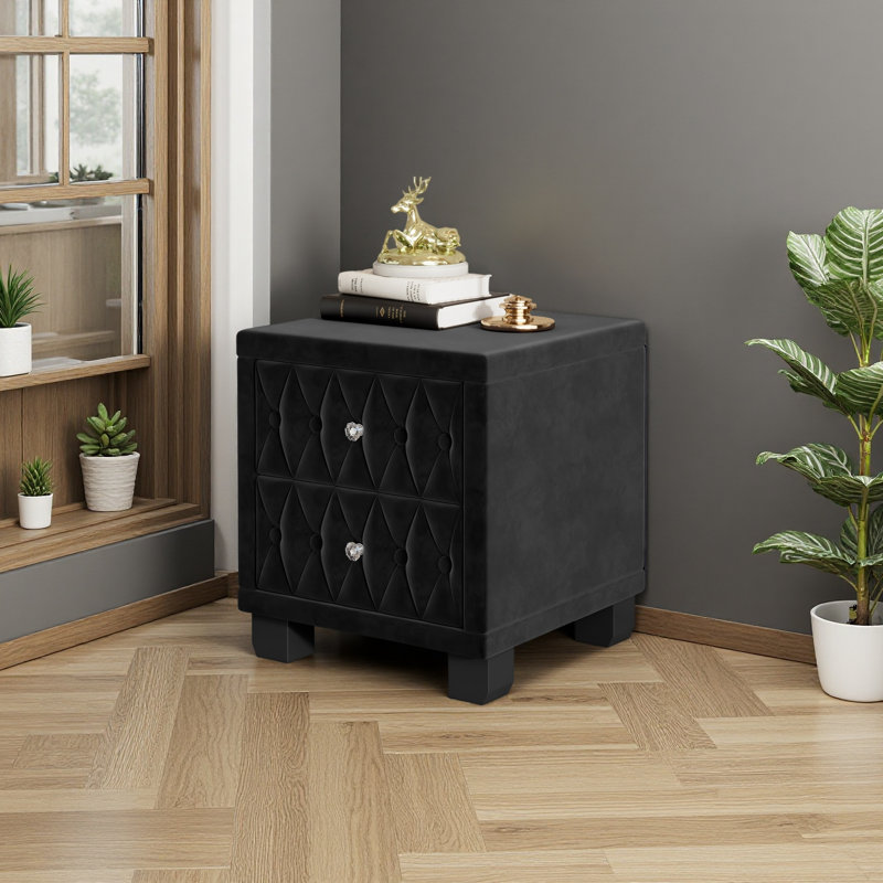Élégante table de chevet en velours avec 2 tiroirs et poignée en cristal, table de chevet avec capitonnage à boutons, noir