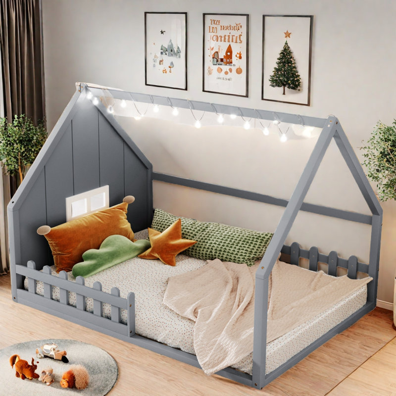 Aonghas Wood House Bed With Window, Fence And Led Design, Gray