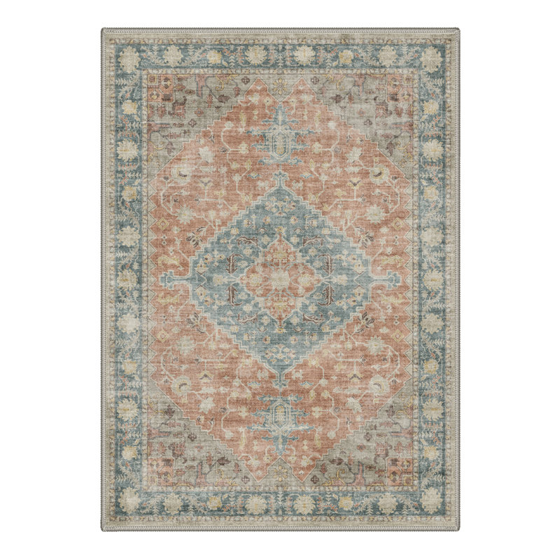 Tapis d'intérieur lavable à la machine à motif médaillon / terre cuite rétro Vesper, Rectangle 5 pi x 7 pi