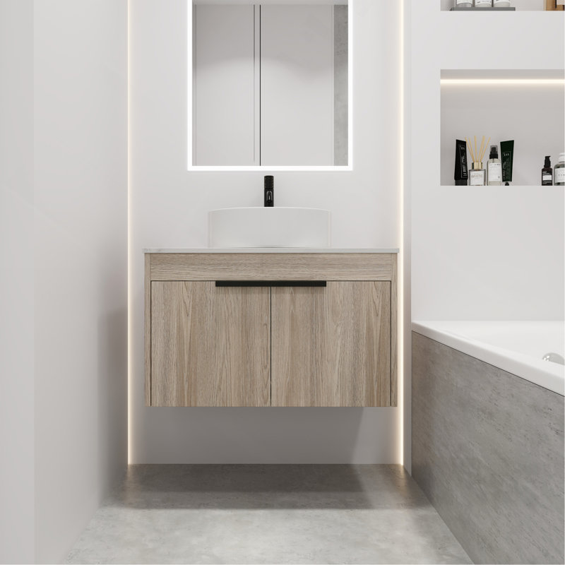 Ensemble de meuble-lavabo moderne 30 po avec lavabo en céramique et meuble-lavabo mural en chêne blanc