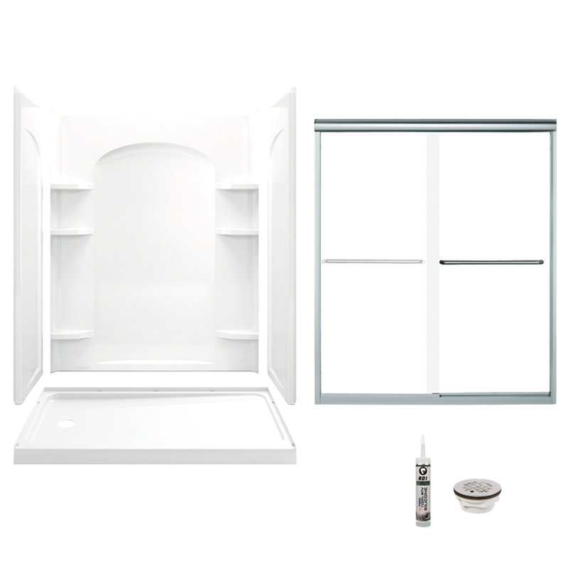 60" White and Chrome Frameless Sliding Shower Kit with Vikrell Base