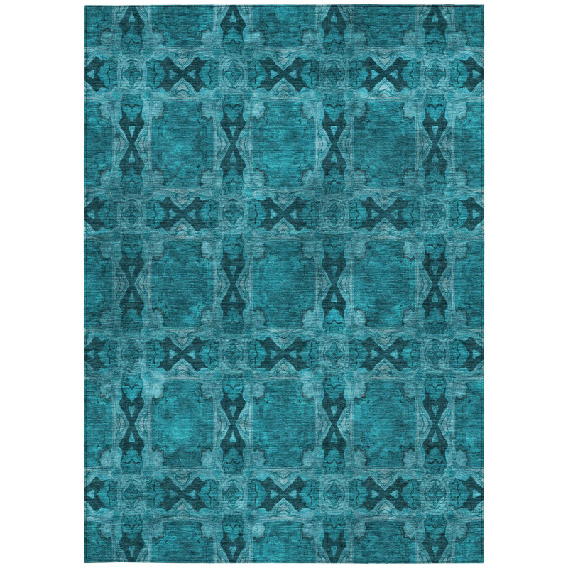 3' X 5' Teal Floral Medallion Washable Non Skid Indoor Outdoor Area Rug