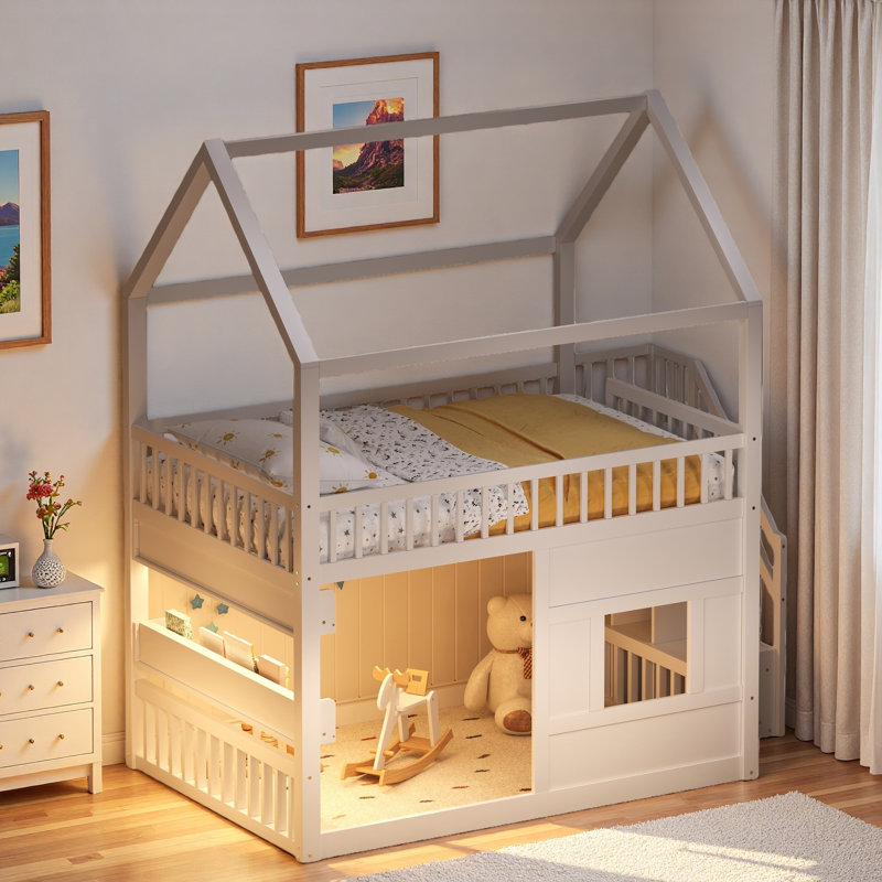 Lit de maison en bois avec lumière de tablette à DEL intégrée, barrières de sécurité et échelle robuste, Blanc