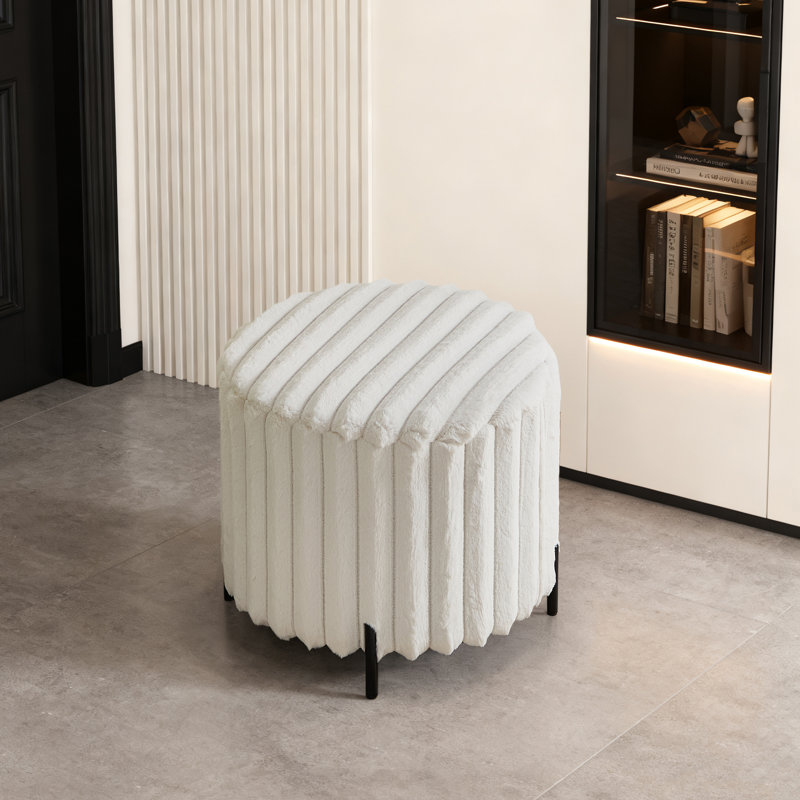 Upholstered Round Pouf Ottoman Foot Rest With Black Metal Legs,faux Fur Footstool For Living Room Bedroom Entryway ﻿, White