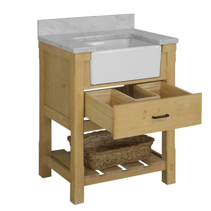 Ensemble de meuble-lavabo simple 30 po Hitton, Bois flottant, Marbre de Carrare