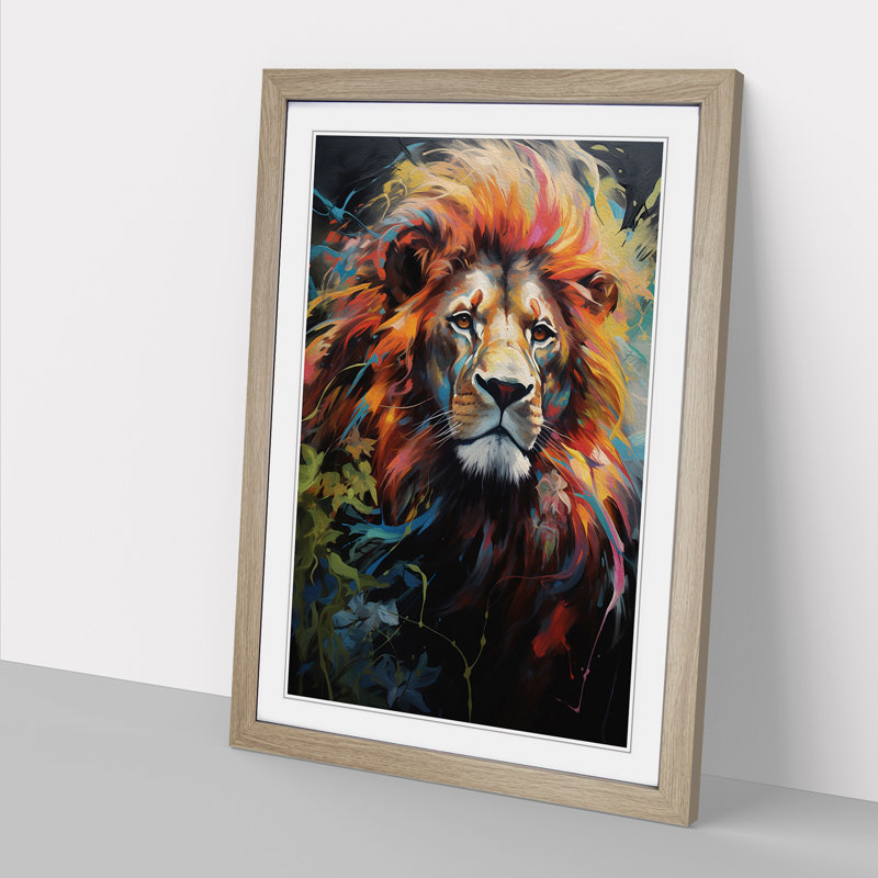 Lion Hard Edge - Single Picture Frame Print on Wood, 34cm H x 25cm W x 2cm D, Oak