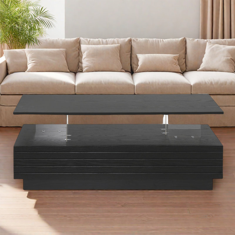 Modern Rectangular Coffee Table With Led Lights, 2 Drawers And Open Storage Shelf, Black