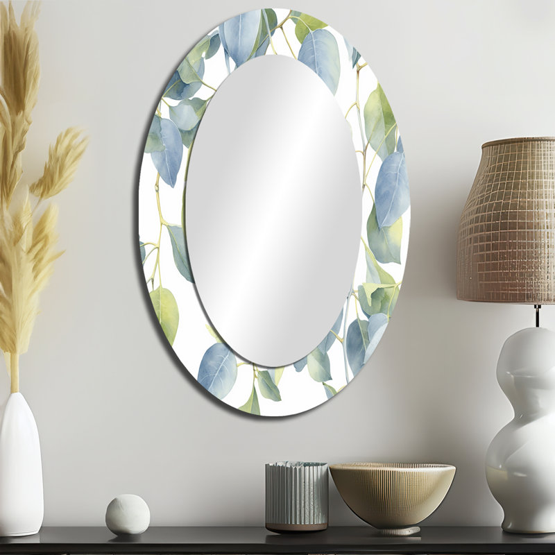 White Green Minimalism Eucalyptus Essence II - Traditional Oval Wall Mirror, 36" x 24"