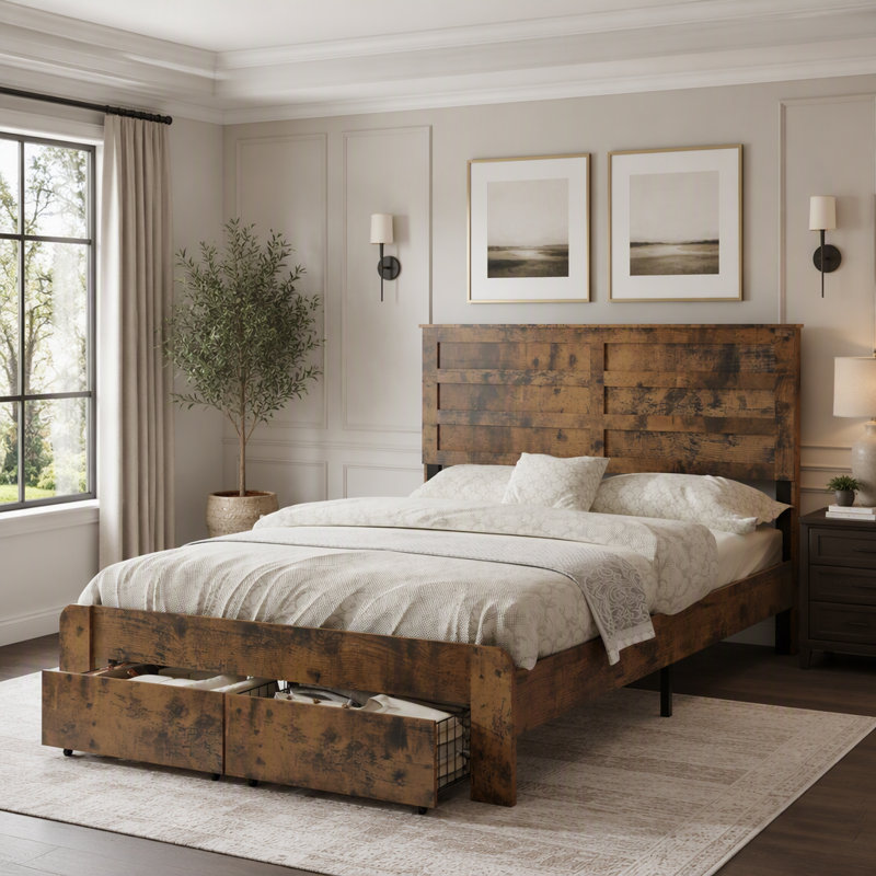 Lit plateforme rustique avec éclairage DEL, ports de chargement USB et de type C, rangement sous le lit et lattes métalliques robustes. Sommier non requis. Style industriel.