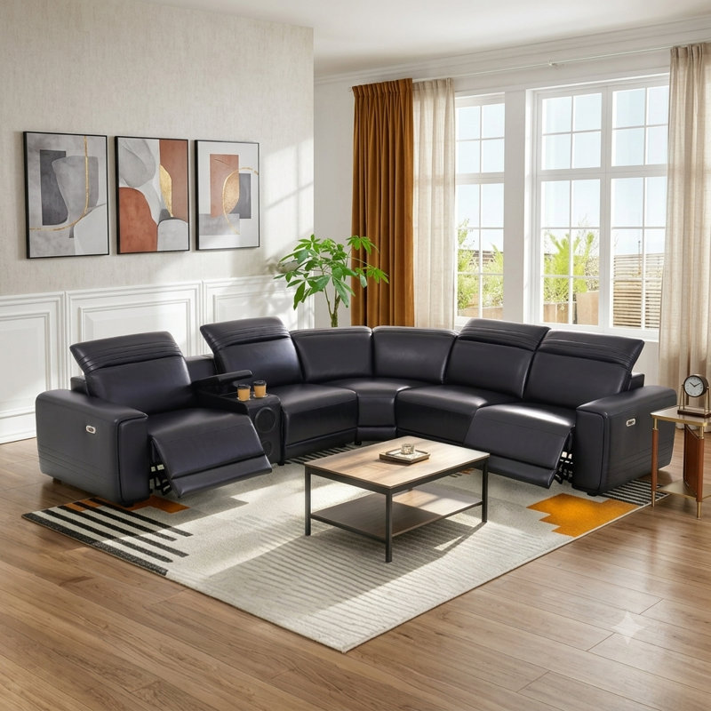 Canapé modulaire inclinable électrique en cuir 6 pièces de 113 po avec appuis-tête réglables, console de rangement, éclairage DEL et haut-parleurs Bluetooth