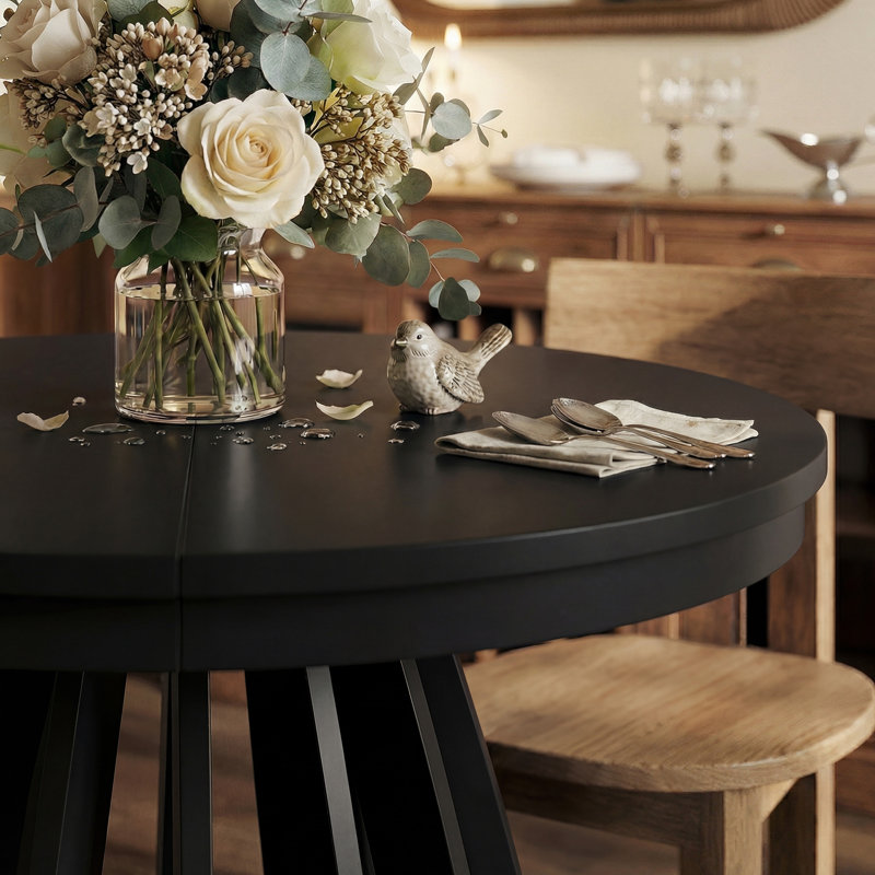 Extendable Round Dining Table, Black, Black