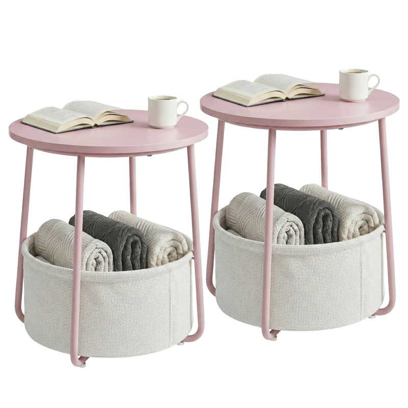 Ensemble de 2 tables d'appoint rondes, table de chevet avec panier en tissu, pour chambre, salon, style moderne, Rose